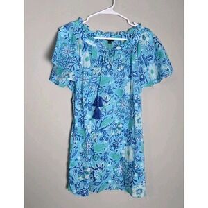 Talbots Blouse Top Plus Size 1X Blue Tropical Floral V-Neck Flutter Sleeve